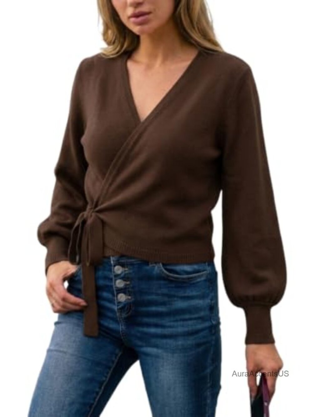 Women's Wrap Cardigan Tie Front Cropped Lantern Sleeve Knit Sweater